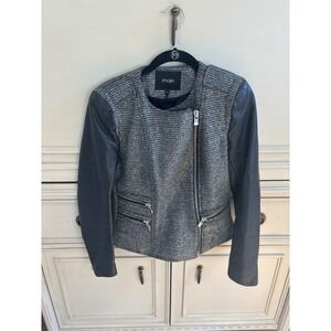 Maje Tweed Wool‎ Leather Jacket Asymmetrical Zipper Black Size 40/Small